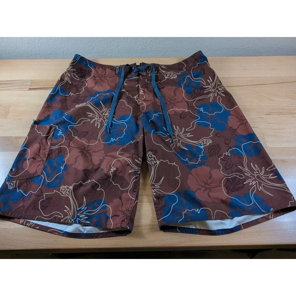 Crazy Shirts Board Shorts Mens 36 Blue Brown Floral Hawaiian Swim Trunks